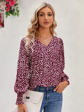Printed V-Neck Lantern Sleeve Blouse Burgundy Woman Blouses