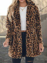 Leopard Collared Neck Coat with Pockets Mocha Woman Outerwear