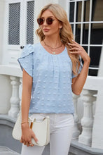 Light blue swiss dot round neck short sleeve blouse with pleats