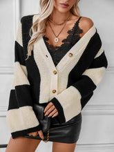 Waffle-Knit V-Neck Striped Long Sleeve Cardigan Ivory Woman Outerwear