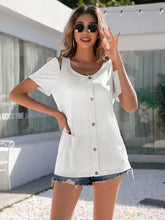 Ivy Lane Decorative Button Round Neck Cold Shoulder T-Shirt Woman T Shirts