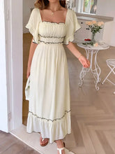 Square Neck Puff Sleeve Ruffle Trim Maxi Dress Woman Maxi Dress