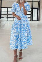 Floral V Neck Puff Short Sleeve Flowy Dress Light Blue Woman Casual Dress