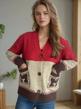 Pocketed Contrast V-Neck Button Up Cardigan Deep Red One Size Woman Outerwear