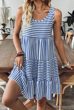 Striped Round Neck Sleeveless Mini Dress Dusty Blue Casual Dresses