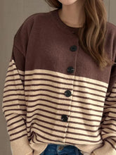 Striped Button Down Long Sleeve Cardigan Brown One Size Woman Outerwear