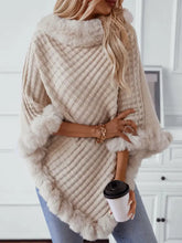 Fuzzy Trim Texture Three-Quarter Sleeve Poncho Beige One Size Woman Outerwear