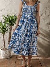 Floral Ruffle Strap Square Neck Smocked Bodice Midi Dress Woman Casual Dress