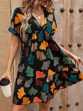 Printed V-neck Short Sleeve Boho Mini Dress Black Woman Casual Dress