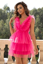 Ruffled V-Neck Sleeveless Mesh Dress Cocktail Dress