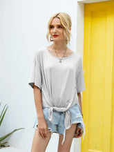 Ivy Lane Slit Boat Neck Half Sleeve T-Shirt Light Gray Woman T Shirts