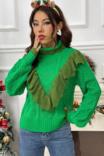 Cable-Knit Ruffled Mock Neck Lantern Sleeve Sweater Sweater Pullovers