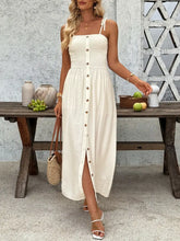 Smocked Button Front Tie Shoulder Dress Woman Maxi Dress