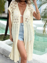 Open Front Short Sleeve Openwork Cover-Up Pastel Yellow Swimwear Cover-Ups