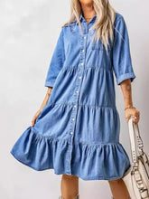 Full Size Ruffled Hem Button Up Denim Midi Dress Plus Size Blue Woman Dress