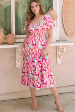 Geometric Print Puff Sleeve Square Neck Midi Dress Casual Dresses