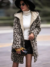 Shiny Leopard Hooded Coat with Pockets Woman Outerwear