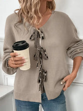 Perfee Tied Contrast Heart V-Neck Long Sleeve Cardigan Woman Outerwear