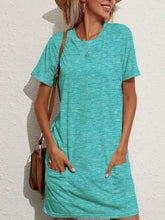 Pocketed Round Neck Short Sleeve Mini Tee Dress Teal Casual Dresses