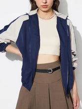 Contrast Zip Up Collared Neck Long Sleeve Jacket Woman Outerwear