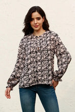 Floral Flounce Sleeve Round Neck Blouse Black Woman Blouses