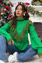 Cable-Knit Ruffled Mock Neck Lantern Sleeve Sweater Sweater Pullovers