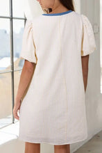 Stripe Seersucker Contrast Round Neck Puff Sleeve T Shirt Dress Woman Casual Dress