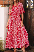 Paisley Print Side Slit Puff Sleeve High Waist Maxi Dress Red Casual Dresses