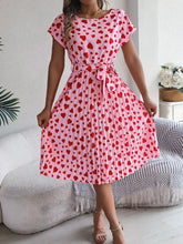Heart Print Short Sleeve Tie Waist Dress Woman Casual Dress