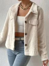 Collared Neck Button Up Jacket with Decorative Pocket Flaps Woman Outerwear