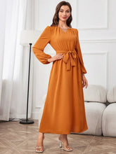 Mustard yellow satin tie waist puff sleeve maxi dress