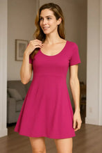 Round Neck Short Sleeve Flared Summer Dress Hot Pink Woman Casual Dress