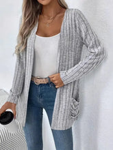 Ribbed Open Front Long Sleeve Cardigan with Pockets Woman Outerwear