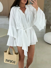 Bell Sleeve Tie Waist Mini Shirt Dress White Woman Casual Dress