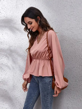 V-Neck Balloon Sleeve Peplum Blouse Woman Blouses