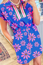 Floral Print Zip Collar Drawstring Summer Mini Dress Woman Dress