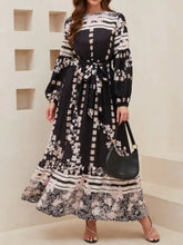 Printed Round Neck Long Sleeve Maxi Dress with Pockets Woman Maxi Dress