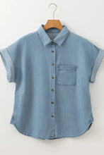 Folded Short Sleeve Patched Pocket Denim Shirt Woman Denim Tops