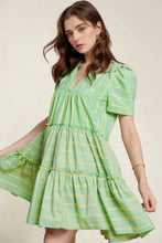 Stripe V Neck Short Sleeve Frilled Detail Dress Gum Leaf Woman Casual Dress
