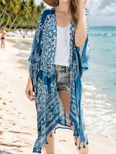 Tassel Printed Open Front Cardigan Sky Blue One Size Woman Outerwear