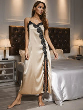 Champagne Satin Nightgown with Black Lace Trim Cream Dresses