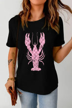 Checkered Lobster Graphic Round Neck Short Sleeve T-Shirt Black Woman T Shirts