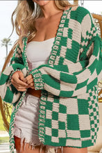 Checkered Open Front Long Sleeve Cardigan Green Woman Outerwear