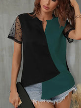 Color Block Blouse with Sheer Polka Dot Sleeves Teal Woman T Shirts