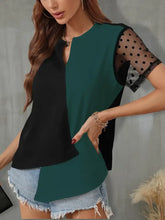 Color Block Blouse with Sheer Polka Dot Sleeves Woman T Shirts