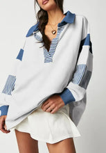 Color Block Johnny Collar Long Sleeve Sweatshirt Peacock Blue Woman Sweatshirts
