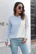 Color Block Pink and White Sweater with Long Sleeve Length and Round Neck Light Blue Sweater Pullovers