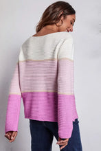 Color Block Knit Sweater with Moderate Stretch and Long Sleeve Length Sweater Pullovers