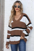 Color Block V-Neck Sweater with Long Sleeves Chocolate One Size Sweater Pullovers