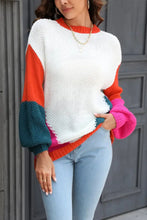 Color Blocked Knit Sweater with Long Sleeve and Round Neck Sweater Pullovers